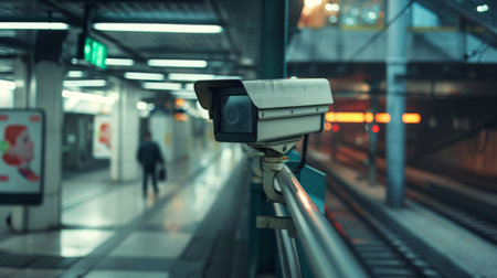 A CCTV camera overlooking a public transportation hub for passenger safety.の素材