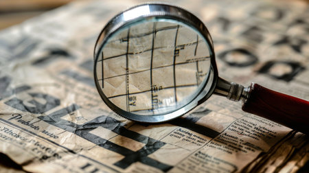 A close-up of a magnifying glass focused on a crossword puzzle in a newspaper.の素材