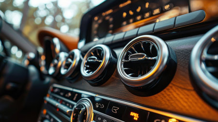 A close-up of a car audio control panel with speakers in the background, emphasizing sound quality.の素材