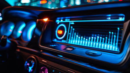 A car stereo system with a visible equalizer display, highlighting the car's speakers' performance.の素材