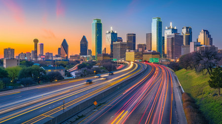 A city skyline at sunset, with traffic moving smoothly on a modern highway below.の素材