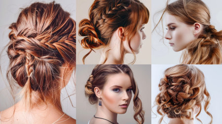 A collage of trendy hairstyles including fishtail braids, messy buns, and side-swept curls.の素材