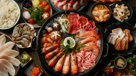A colorful assortment of fresh seafood and meats arranged around a simmering hot pot.の素材
