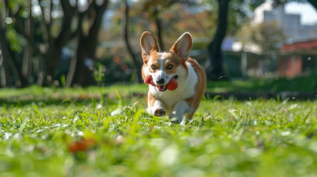 A Corgi racing across a grassy field with a toy in its mouth, tail wagging excitedly.の素材