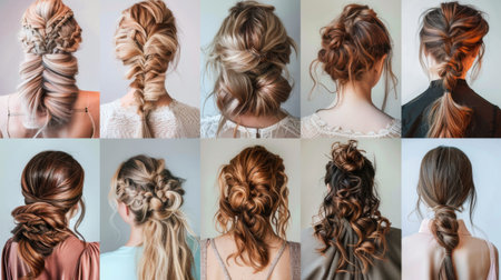 A collage of trendy hairstyles including fishtail braids, messy buns, and side-swept curls.の素材