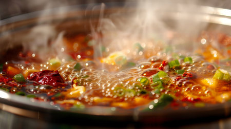 A close-up of a steaming hot pot filled with spicy Sichuan-style broth and vegetables.の素材