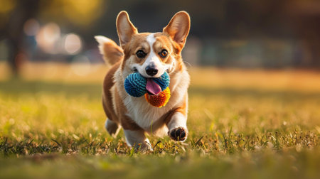 A Corgi racing across a grassy field with a toy in its mouth, tail wagging excitedly.の素材
