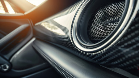 A close-up of a high-quality car speaker embedded in a sleek car door panel.の素材