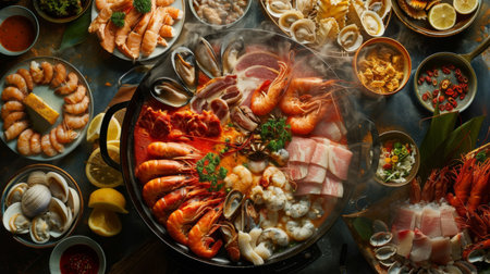 A colorful assortment of fresh seafood and meats arranged around a simmering hot pot.の素材