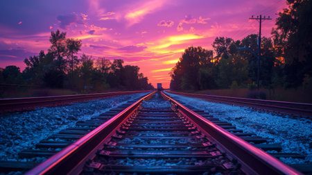 A colorful sunset over train tracks with silhouette of a passing freight train in the distance.の素材