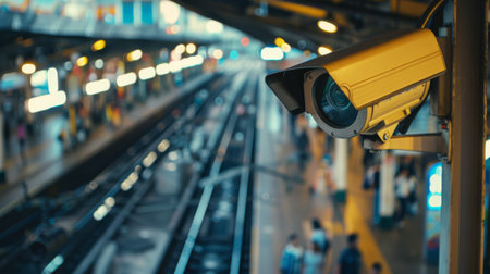 A CCTV camera overlooking a public transportation hub for passenger safety.の素材