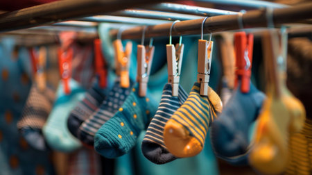 A close-up of socks and shirts hanging on a metal drying rack with clothespins.の素材