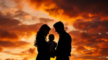 A couple holding their baby between them, their silhouettes framed by a dramatic sunset sky.の素材
