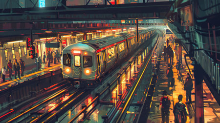 A commuter train pulling into a bustling station filled with people during the morning rush.の素材
