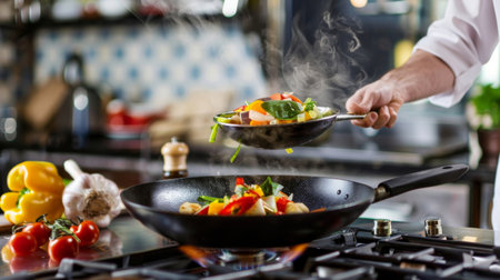 A chef flipping vegetables in a wok over a gas stove, creating a stir-fry dish.の素材