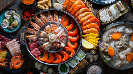 A colorful assortment of fresh seafood and meats arranged around a simmering hot pot.の素材