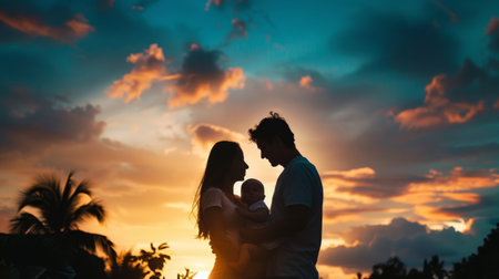 A couple holding their baby between them, their silhouettes framed by a dramatic sunset sky.の素材
