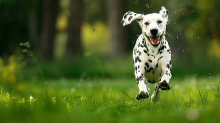A Dalmatian sprinting across a lush green meadow with ears flapping in the windの素材