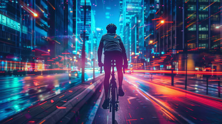 A cyclist navigating through an urban bike lane with skyscrapers and city lights in the backgroundの素材