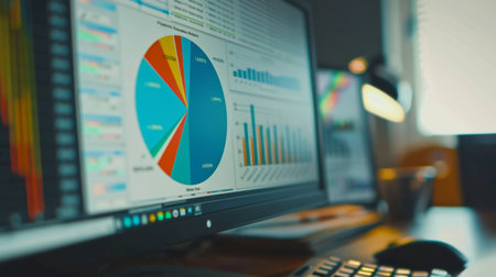 A detailed view of a pie chart on a desktop computer screen with data visualization.の素材