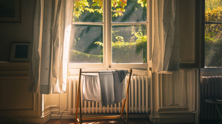A drying rack positioned next to a window, with sunlight streaming in and drying the clothes.の素材