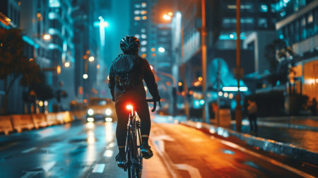 A cyclist navigating through an urban bike lane with skyscrapers and city lights in the backgroundの素材