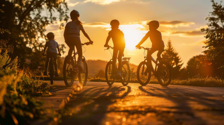 A family of four riding bicycles along a path at sunset, their silhouettes casting long shadows.の素材