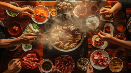 A family gathering around a tabletop hot pot with chopsticks and plates of raw ingredients.の素材