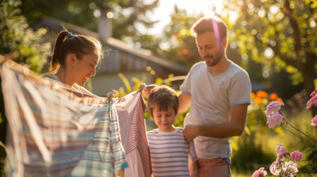 A family hanging clothes on a large outdoor drying rack on a bright, sunny day.の素材