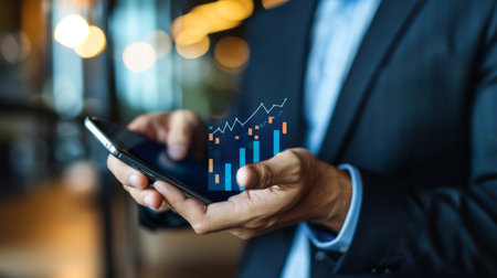 A dynamic line graph showing fluctuating trends on a smartphone screen, held by a businessperson.の素材