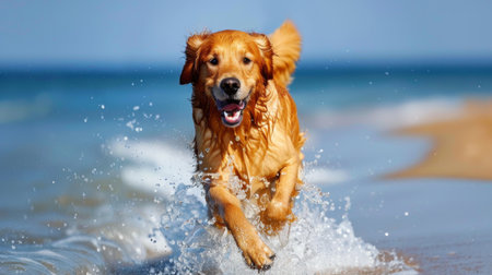 A Golden Retriever running through shallow water at the beach, enjoying a splash.の素材