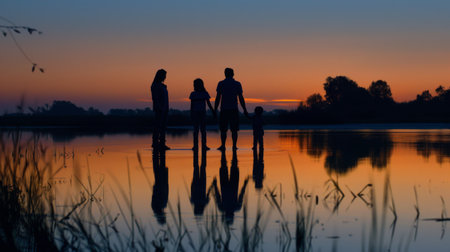 A family of four, their silhouettes reflected in a calm lake as they stand on the shore at dusk.の素材