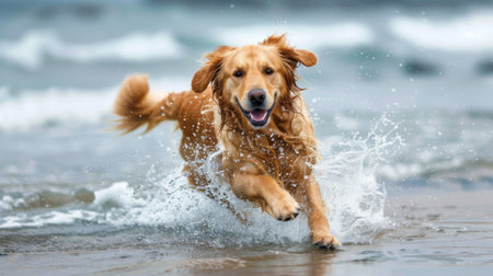 A Golden Retriever running through shallow water at the beach, enjoying a splash.の素材