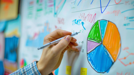 A hand drawing a pie chart on a whiteboard during a strategic planning meeting.の素材