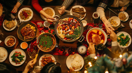 A festive hot pot gathering with festive decorations and smiling faces around the table.の素材