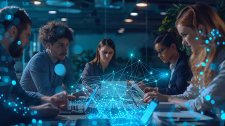 A group of colleagues sharing files wirelessly using digital tablets in a conference room.の素材