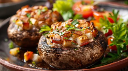 A gourmet restaurant dish featuring stuffed mushrooms served with a side of seasonal vegetables.の素材