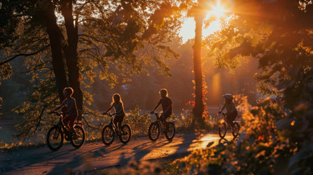 A family of four riding bicycles along a path at sunset, their silhouettes casting long shadows.の素材