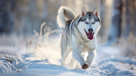 A Husky running joyfully through a snowy field with its tongue out, enjoying winter freedom.の素材