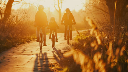 A family of four riding bicycles along a path at sunset, their silhouettes casting long shadows.の素材