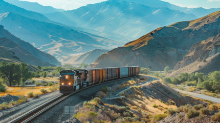 A freight train passing through a rugged mountain landscape on a sunny day.の素材