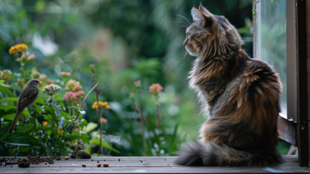 A large, fluffy cat sitting on a porch, watching birds in the garden with curiosity.の素材