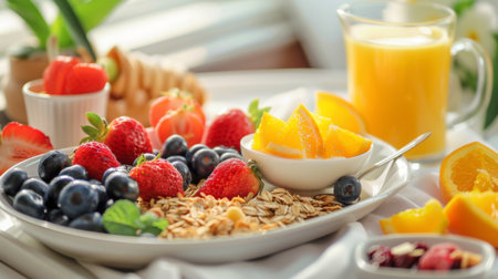 A healthy breakfast spread with orange juice, yogurt, granola, and fresh fruits on a tray.の素材