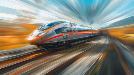 A high-speed train speeding through a countryside landscape with motion blurの素材