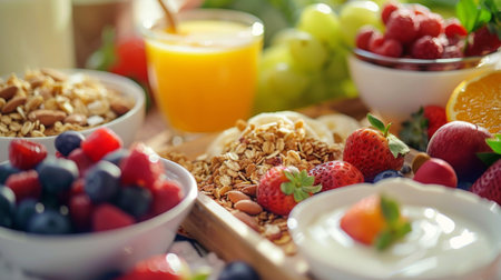 A healthy breakfast spread with orange juice, yogurt, granola, and fresh fruits on a tray.の素材