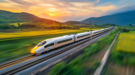 A high-speed train speeding through a countryside landscape with motion blurの素材