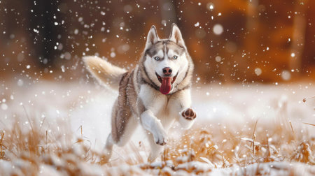 A Husky running joyfully through a snowy field with its tongue out, enjoying winter freedom.の素材