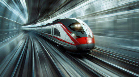 A high-speed train rushing along electrified tracks with motion blur, illustrating modern transportation.の素材