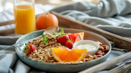 A healthy breakfast spread with orange juice, yogurt, granola, and fresh fruits on a tray.の素材