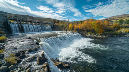 A hydroelectric dam producing renewable energy with flowing water in a scenic landscape.の素材